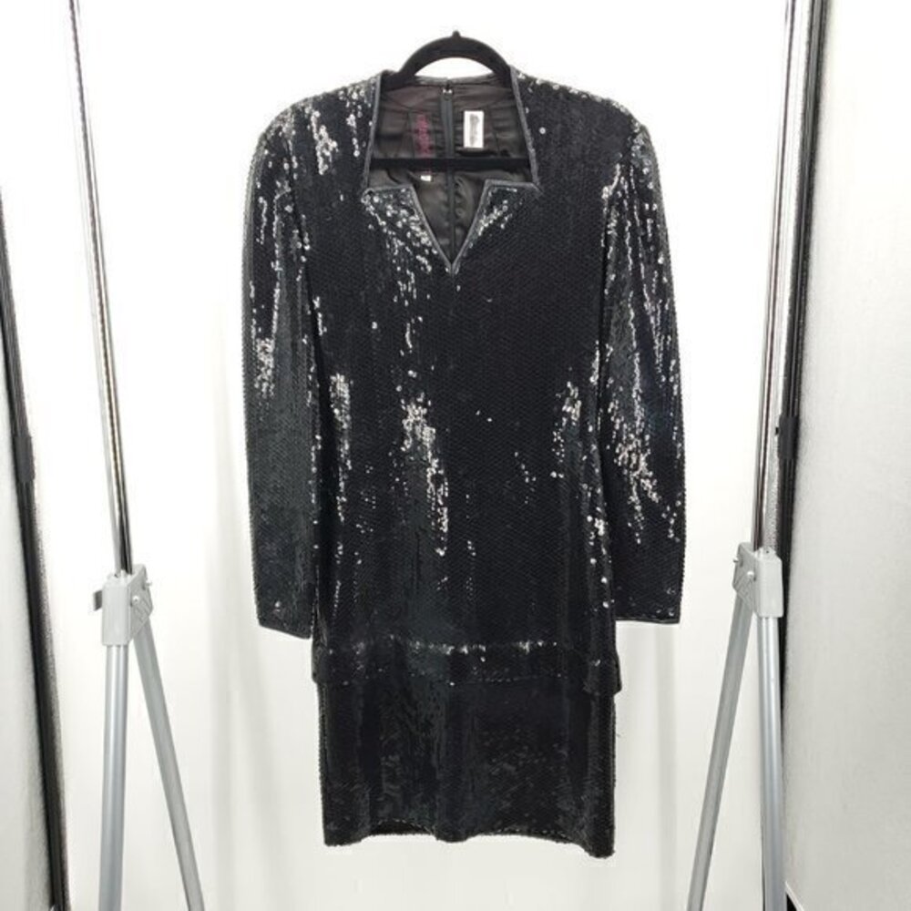 Vintage 90s Tom and Linda Platt Long Sleeve Black Sequined Two-Tier Midi…